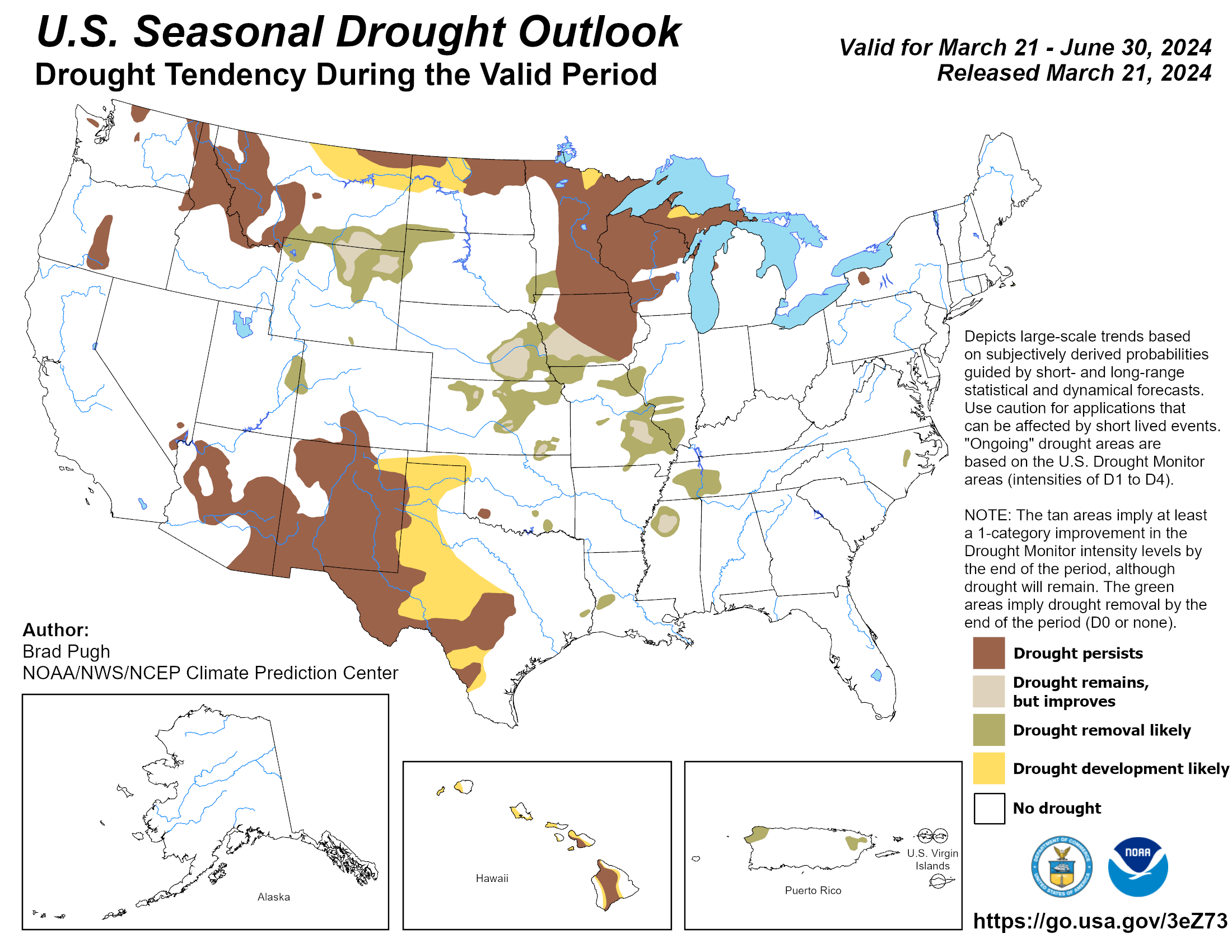 This map depicts where there is a greater than 50% chance of drought persistence, development or improvement based on short- and long-range statistical and dynamical forecasts from March 21 through June 30, 2024.