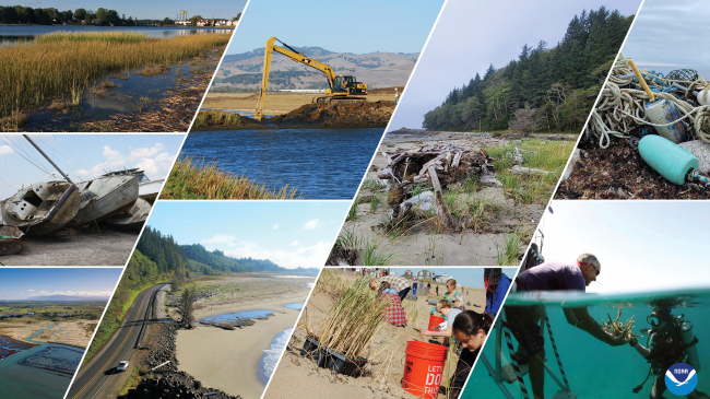 A photo collage of just some of the projects being recommended for funding under the Bipartisan Infrastructure Law and NOAA's Climate-Ready Coasts initiative.